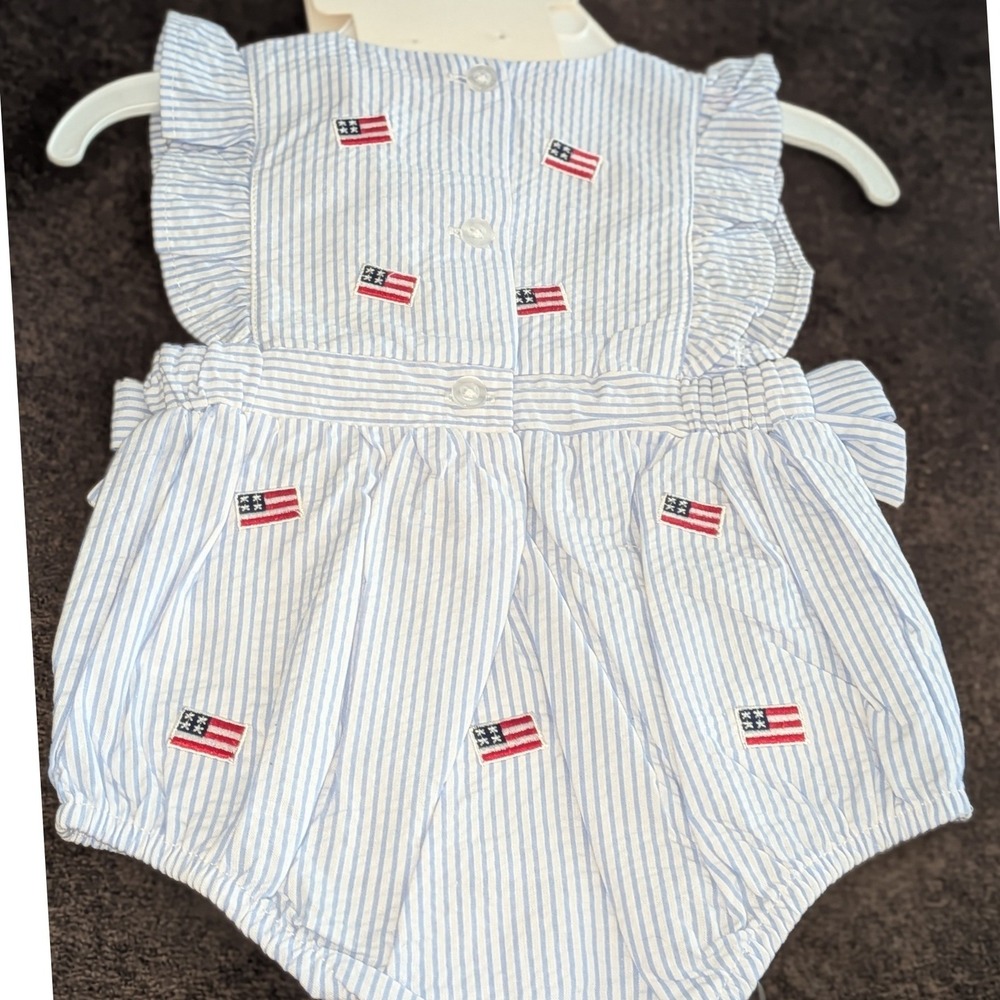 Adventurewear 360 Baby Seersucker American Flag Bubble Romper Headband 3M NWT - Picture 4 of 6